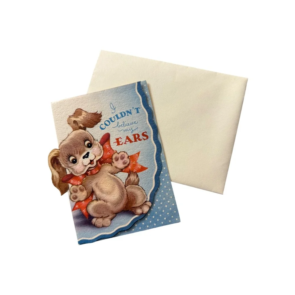 Vintage Puppy Get Well Card Die Cut Retro Polka Dot Blue Red